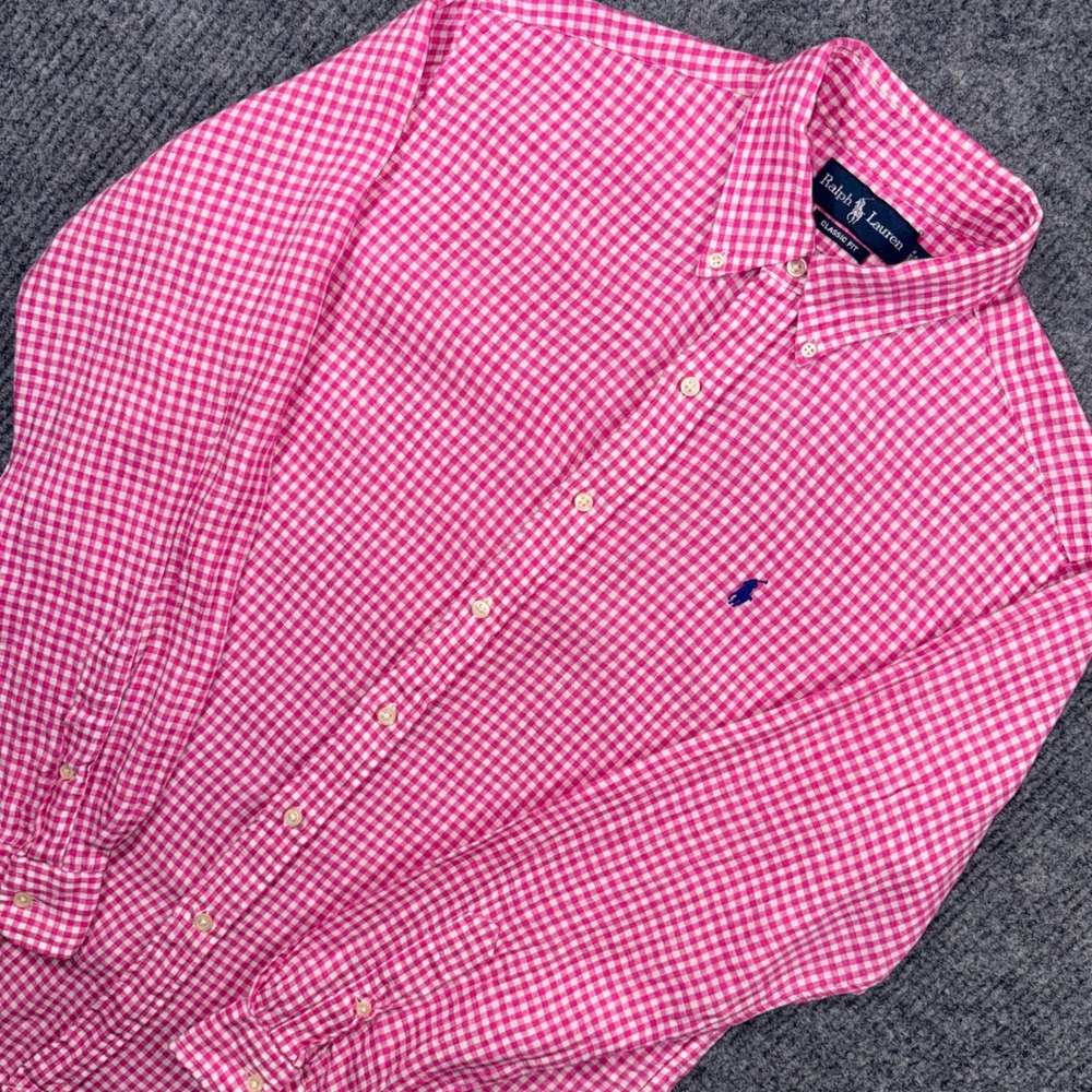 Polo Ralph Lauren Mens Pink White Gingham Classic Fit Button Down Shirt Medium